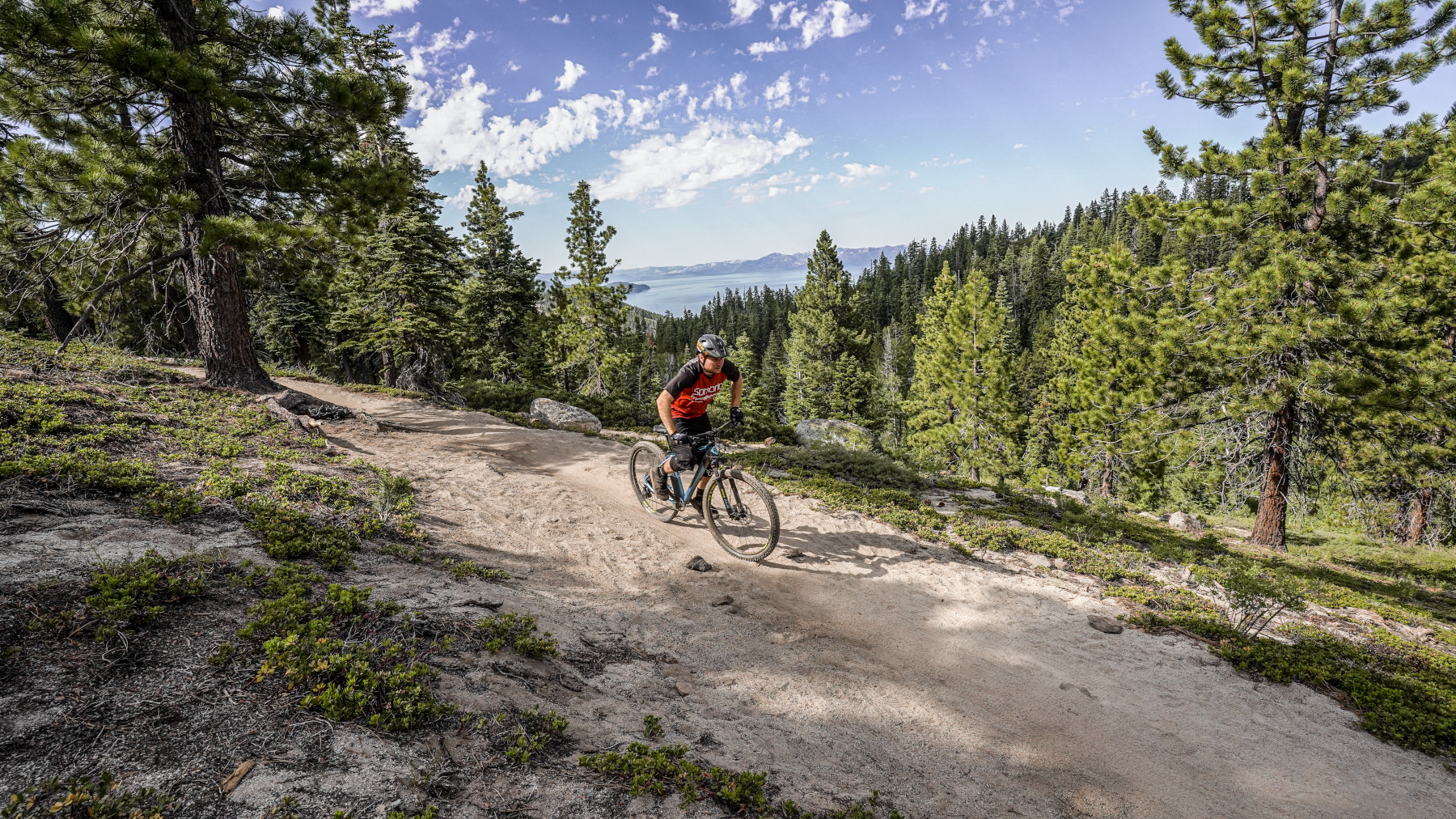 Man cyklar på terrängcykel i skogen